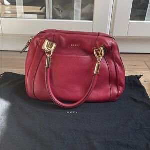 DKNY Red Leather Satchel with Gold Accents